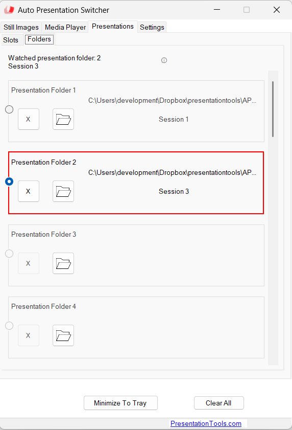 A screenshot of the Auto Presentation Switcher software interface showing the "Folders" tab. It displays four presentation folders, with "Presentation Folder 2" highlighted in red, indicating the path and the session number. Buttons for options are visible at the bottom.