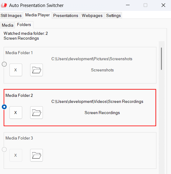 A screenshot of the Auto Presentation Switcher application, displaying a menu with three media folders. Media Folder 2 is highlighted in red, indicating its path as C:UsersdevelopmentVideosScreen Recordings, followed by a checkbox and the title 'Screen Recordings'.