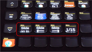 An illuminated control panel displaying several buttons with text options. Three buttons are labeled "Slide to go to", and adjacent buttons show "Slide" and "1/15". The background features additional buttons with text options, all on a dark surface.