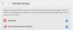 macOS Full Disk Access settings for APS