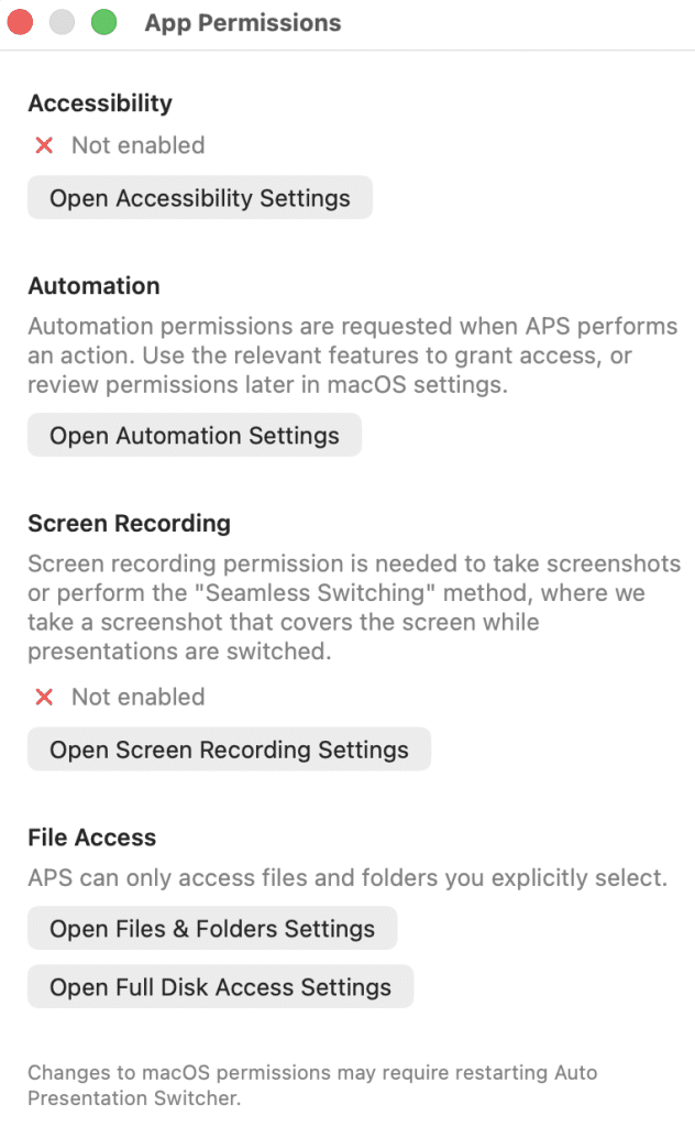 Screenshot of the 'App Permissions' settings window on macOS, displaying options for Accessibility, Automation, Screen Recording, and File Access, with indicators showing permissions not enabled for each category.
