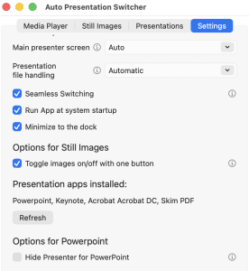 Settings menu for Auto Presentation Switcher, showing options for main presenter screen, file handling, seamless switching, and toggle for still images. Presentation apps listed include PowerPoint and Keynote.