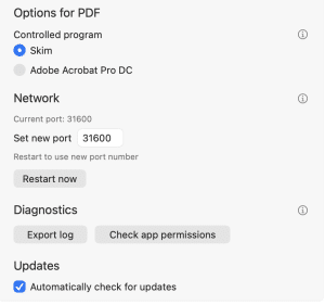 Settings menu for PDF options showing the controlled program as Skim, the current port set to 31600, an option to set a new port, diagnostics options including export log and check app permissions, and an automated updates checkbox.