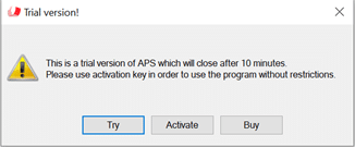 APS trial version dialog on Windows