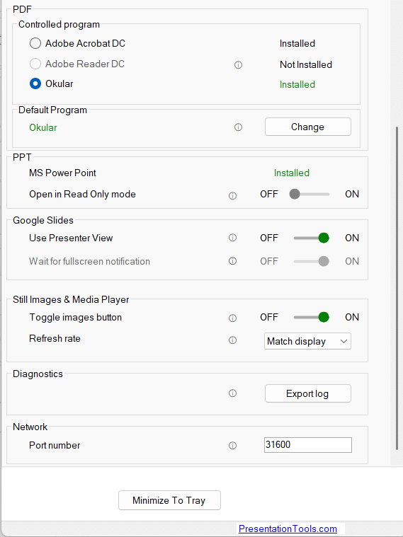 Settings window showing options for PDF programs, including installed and not installed applications. Sections for MS PowerPoint and Google Slides are visible, along with toggle buttons for images and diagnostic features. The network section displays a port number.