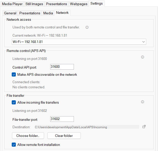 APS for Windows 4.6 Network settings with network access, API port, no connected clients, incoming file transfer and Allow remote font installation.