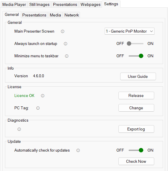 APS for Windows 4.6 General settings: presenter screen, startup, taskbar, version, licence, Diagnostics and updates.