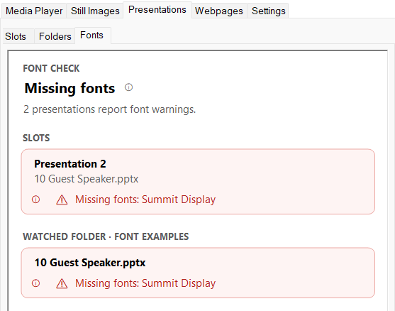 APS for Windows 4.6 Fonts view reporting the missing Summit Display font in the Guest Speaker fixture from Font Examples, assigned to a slot and the watched folder.