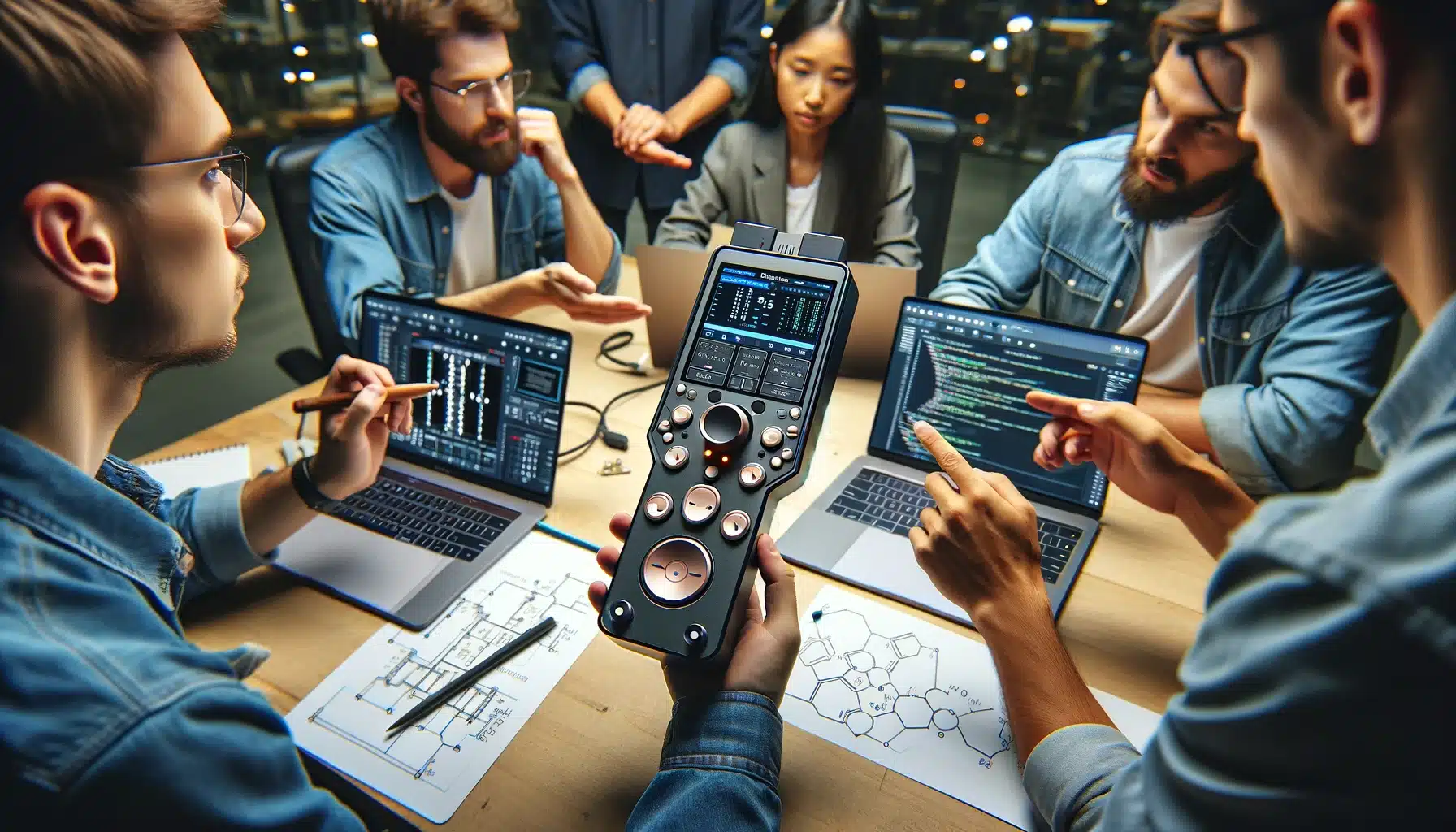 A team of five people gathered around a table, discussing programming and technical concepts. One person is holding a sophisticated device, while laptops displaying code and technical diagrams are open on the table.