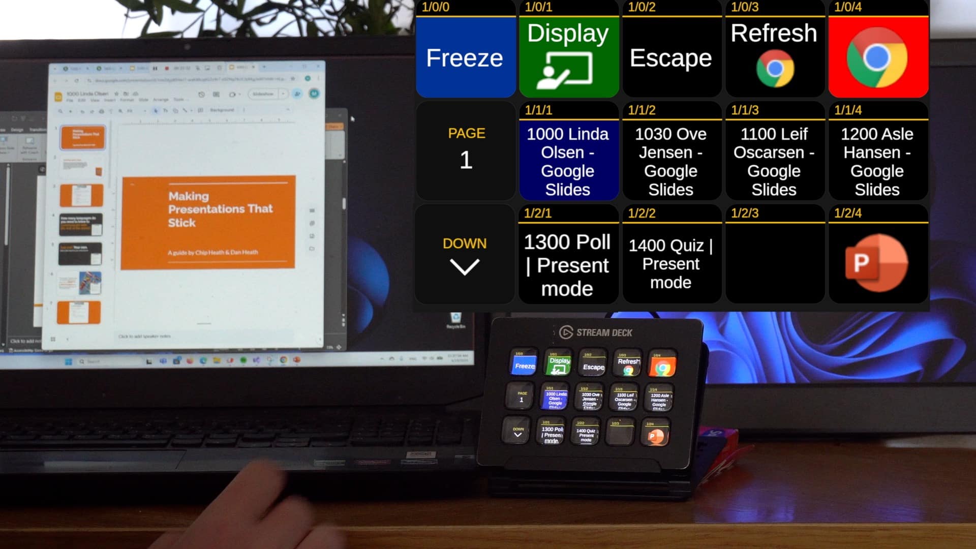 A person's hand is seen on a laptop keyboard next to a screen displaying a presentation titled "Making Presentations That Stick." A digital control panel with buttons is in the foreground, showing options like 'Freeze', 'Display', and 'Refresh'.