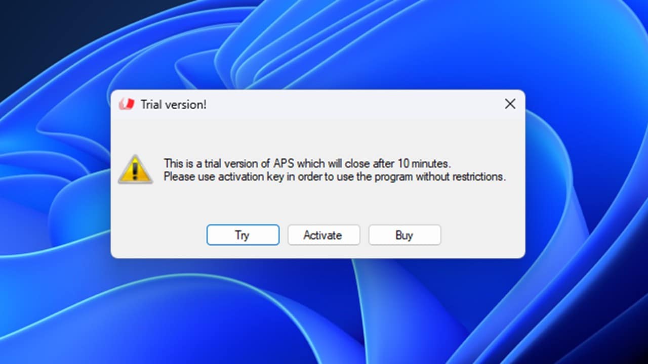 A pop-up window displaying a warning about a trial version of software called APS that will expire in 10 minutes. The window includes buttons labeled 'Try,' 'Activate,' and 'Buy,' along with a caution symbol.