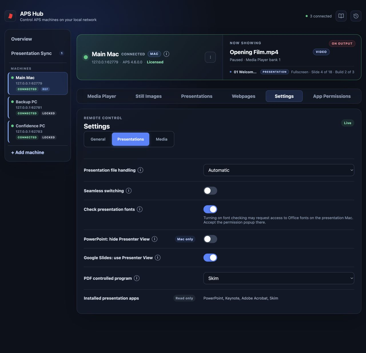 APS Hub machine controls and live presentation feedback