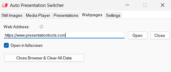 A screenshot of the Auto Presentation Switcher interface showing a field for entering a web address, specifically 'https://www.presentationtools.com'. Options to open, close, enable fullscreen, and clear browser data are visible.