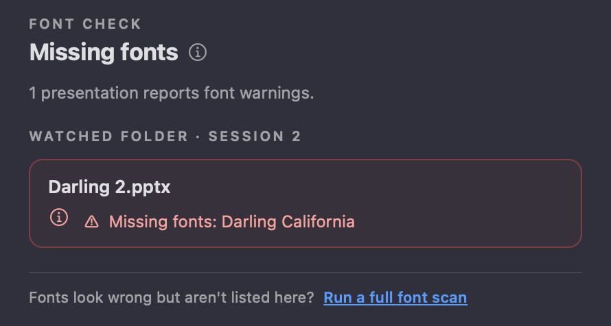The APS font check reporting that Darling 2.pptx in the watched folder is missing the Darling California font