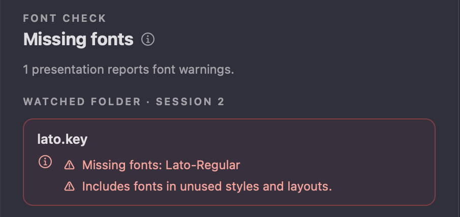 APS font check reporting a missing font for a Keynote presentation in the watched folder