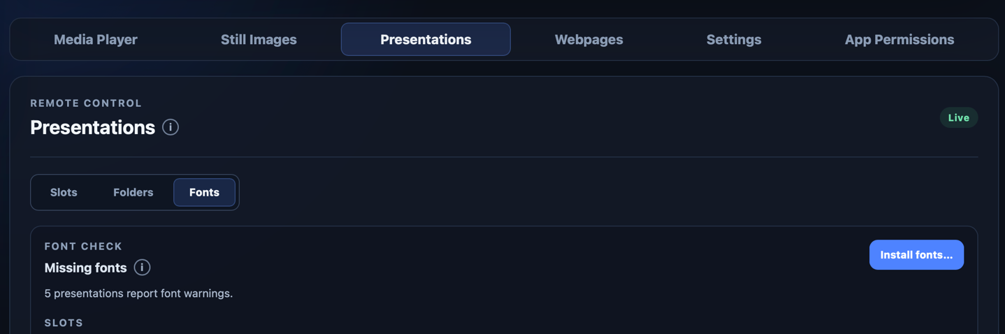 The Fonts tab in APS Hub remote control with the Install fonts button