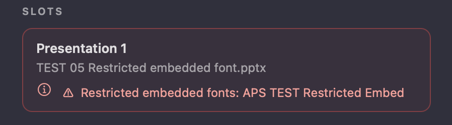 APS warning about restricted embedded fonts in a presentation