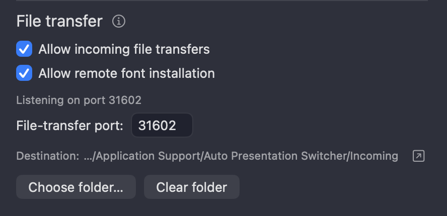 The File transfer section in APS Network settings with Allow incoming file transfers and Allow remote font installation turned on