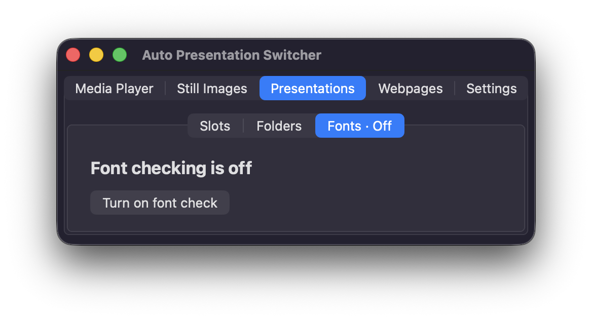 The Fonts tab in APS with font checking turned off and a Turn on font check button