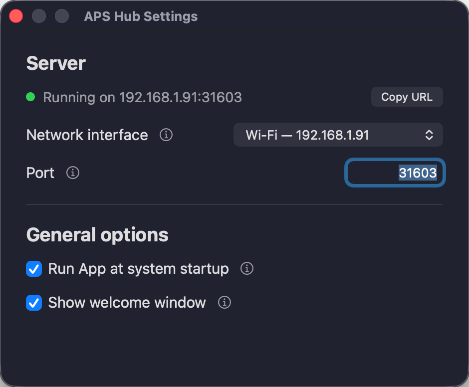 APS Hub Settings on Mac showing the server address, Wi-Fi network interface, port 31603, and startup and welcome-window options