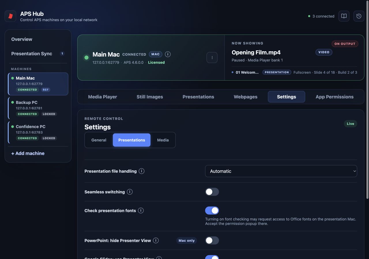 Main Mac Settings → Presentations with General, Presentations and Media section tabs and Check presentation fonts enabled
