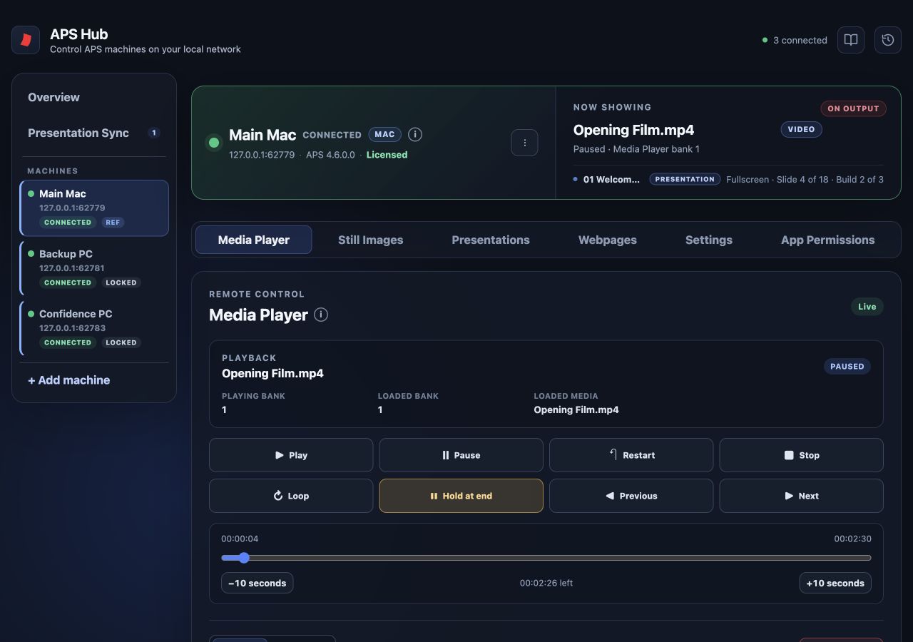 Media Player tab with Opening Film loaded and paused, playback controls, and current output layers