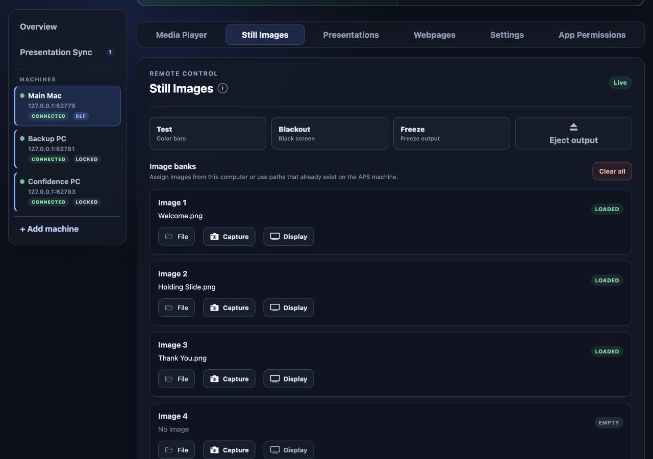 Still Images tab with Welcome, Holding Slide, and Thank You image banks and output controls