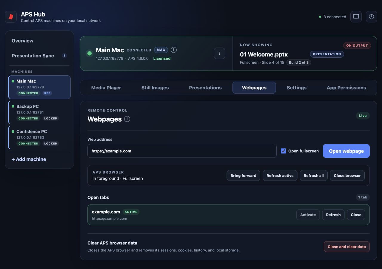 Webpages tab with a URL field, full-screen option, browser controls, and one open tab